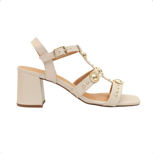 Sandália Salto Alto Bloco Dm Celeste Apliques Couro Off White
