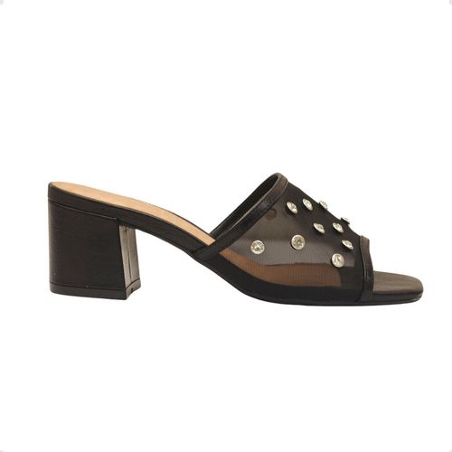 Tamanco Salto Alto Bloco Dm Celeste Couro Tela Strass Preto