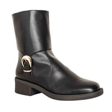 Bota Feminina Dm Em Napa Com Salto Baixo E Fivela Decorativa Preta